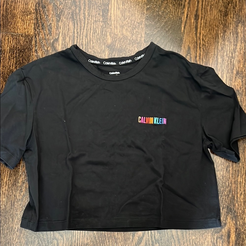 Calvin Klein Black Crop Top with rainbow letter logo XS